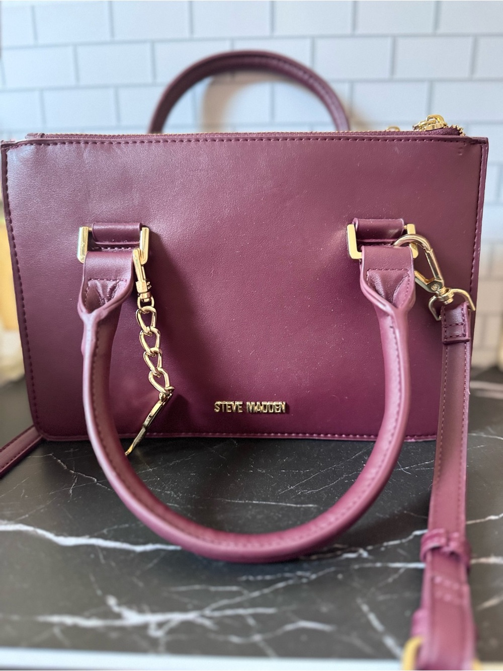Steve Madden Plum Structured Satchel with Gold Hardware